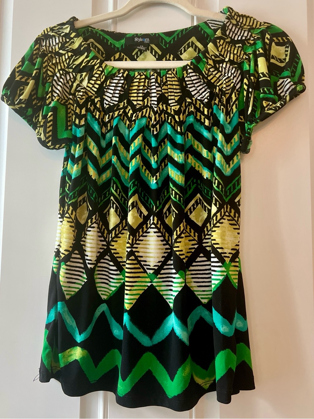 Style & Co. Green and Black Geometric Short-Sleeve Tunic Petite Small